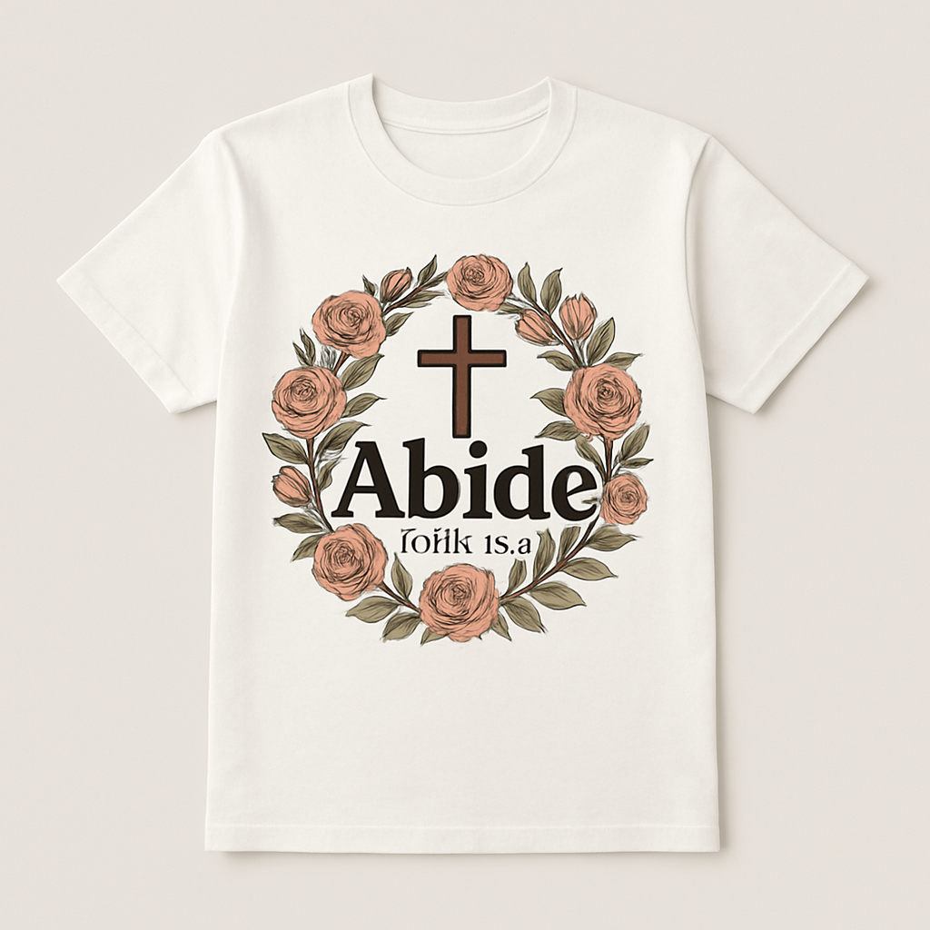 Abide Christian T-Shirt – Faith Over Fear, Floral Cross, John 15:4 Bible Verse, Inspirational Scripture Tee for Women & Men Faith%20Over%20Fear%20prompt%20%234%20studio%20mockup.png
