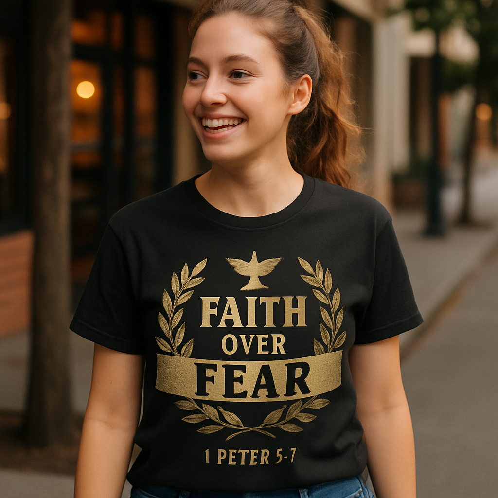 Faith Over Fear Christian T-Shirt – 1 Peter 5:7 Bible Verse, Dove & Laurel Design, Inspirational Religious Tee Faith%20Over%20Fear%20prompt%20%2350%20lifestyle%20mockup.png
