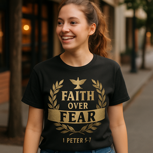 Faith Over Fear Christian T-Shirt – 1 Peter 5:7 Bible Verse, Dove & Laurel Design, Inspirational Religious Tee Faith%20Over%20Fear%20prompt%20%2350%20lifestyle%20mockup.png