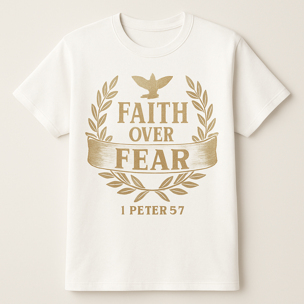 Faith Over Fear Christian T-Shirt – 1 Peter 5:7 Bible Verse, Dove & Laurel Design, Inspirational Religious Tee Faith%20Over%20Fear%20prompt%20%2350%20studio%20mockup.png