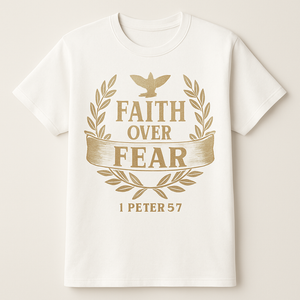 Faith Over Fear Christian T-Shirt – 1 Peter 5:7 Bible Verse, Dove & Laurel Design, Inspirational Religious Tee Faith%20Over%20Fear%20prompt%20%2350%20studio%20mockup.png
