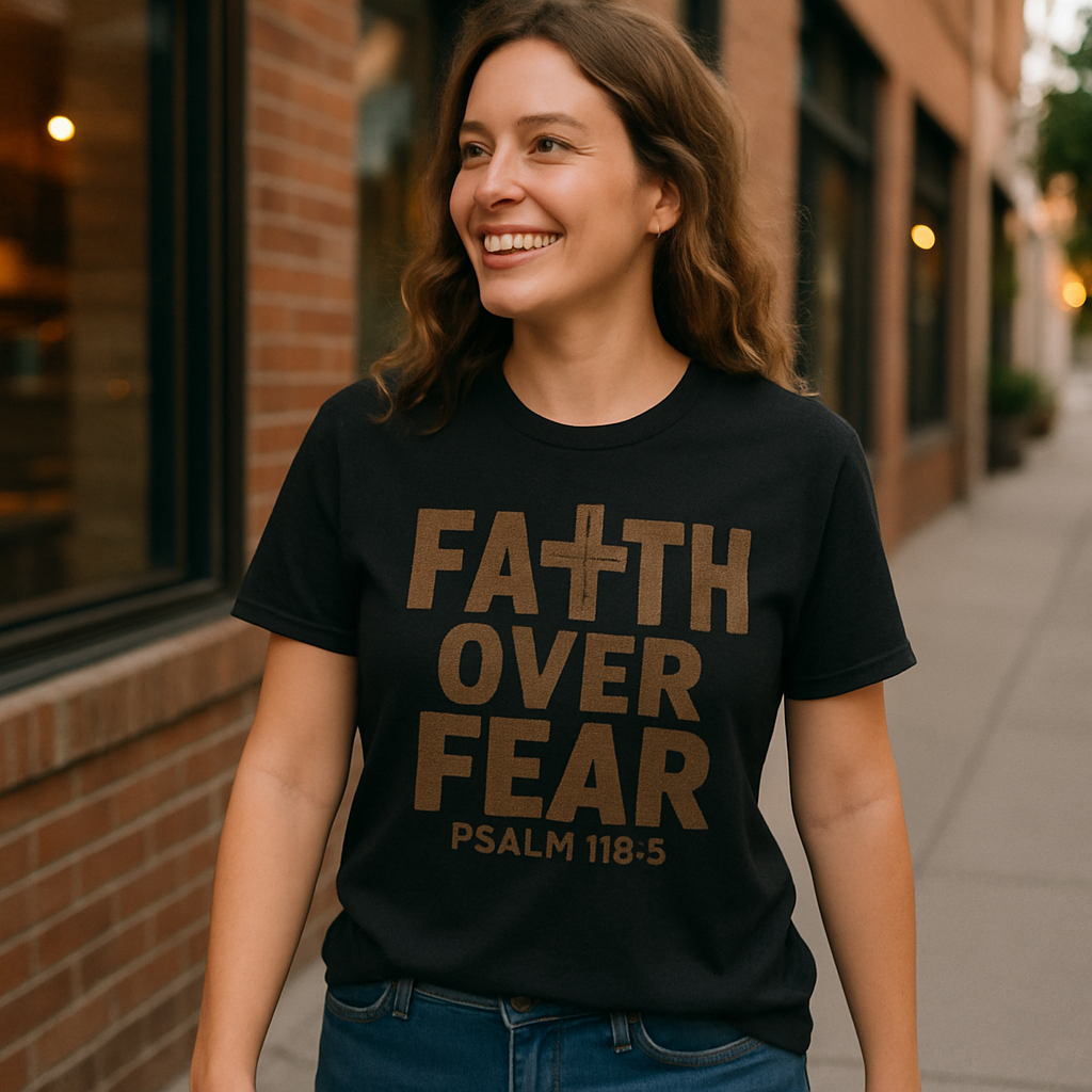 Faith Over Fear Christian T-Shirt – Psalm 118:6 Bible Verse Cross Tee – Inspirational Religious Gift for Believers Faith%20Over%20Fear%20prompt%20%235%20lifestyle%20mockup.png