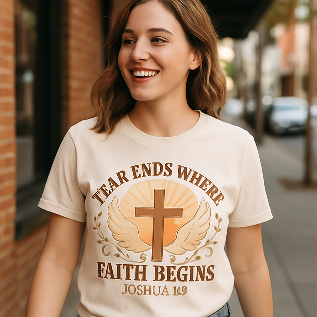 Faith Over Fear Christian T-Shirt – Cross & Wings "Fear Ends Where Faith Begins" Joshua 1:9 Bible Verse Inspirational Shirt Faith%20Over%20Fear%20prompt%20%236%20lifestyle%20mockup.png