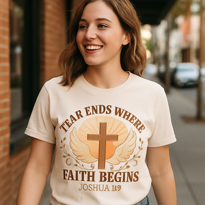 Faith Over Fear Christian T-Shirt – Cross & Wings "Fear Ends Where Faith Begins" Joshua 1:9 Bible Verse Inspirational Shirt Faith%20Over%20Fear%20prompt%20%236%20lifestyle%20mockup.png