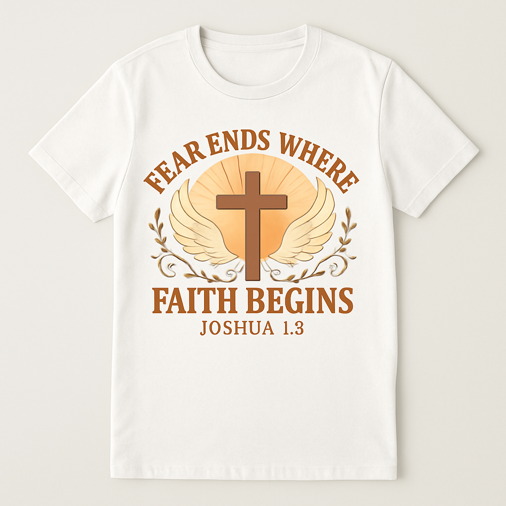 Faith Over Fear Christian T-Shirt – Cross & Wings "Fear Ends Where Faith Begins" Joshua 1:9 Bible Verse Inspirational Shirt Faith%20Over%20Fear%20prompt%20%236%20studio%20mockup.png