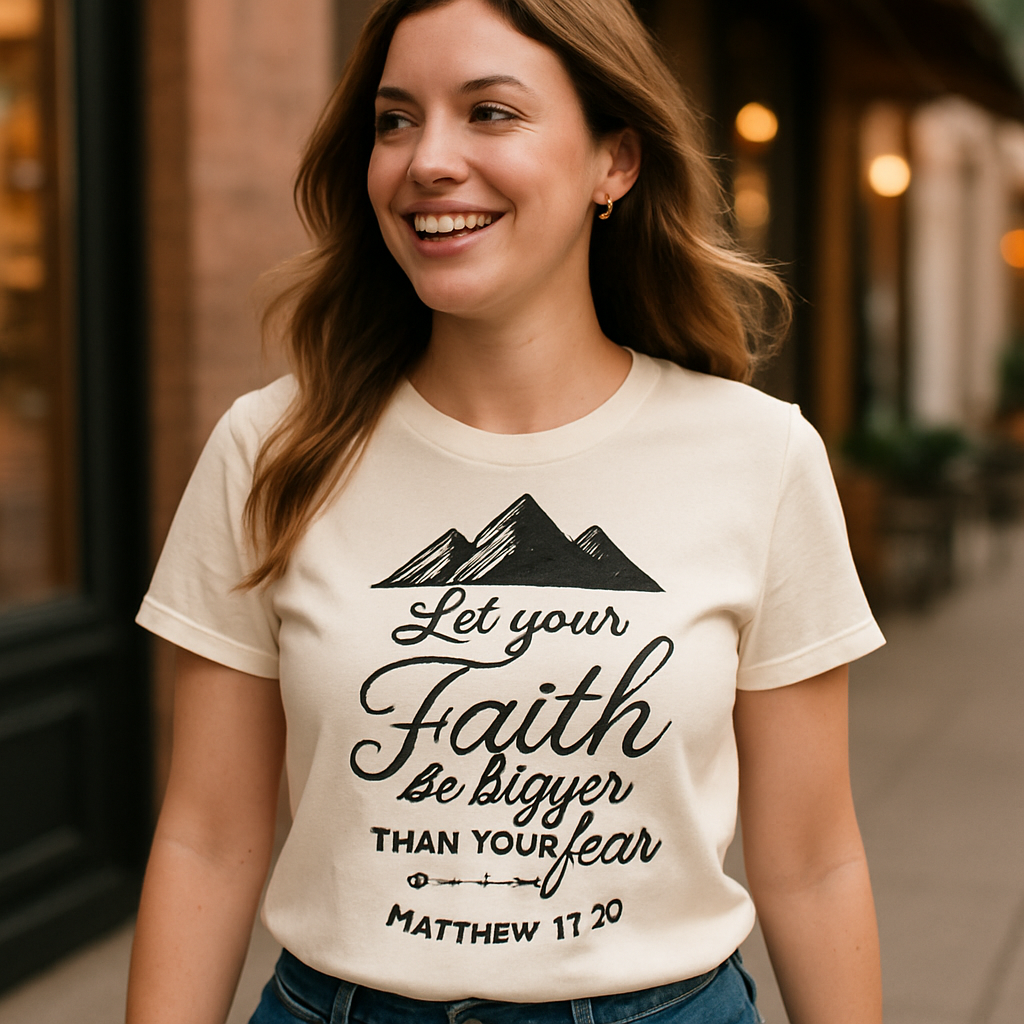 Christian "Let Your Faith Be Bigger Than Your Fear" Mountain Scripture T-Shirt – Faith Over Fear Inspirational Bible Verse Tee Faith%20Over%20Fear%20prompt%20%237%20lifestyle%20mockup.png
