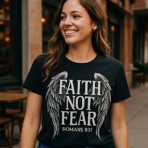 Faith Not Fear Christian Shirt with Angel Wings – Romans 8:31 Bible Verse Inspirational T-Shirt – Faith Over Fear Religious Apparel Faith%20Over%20Fear%20prompt%20%238%20lifestyle%20mockup.png