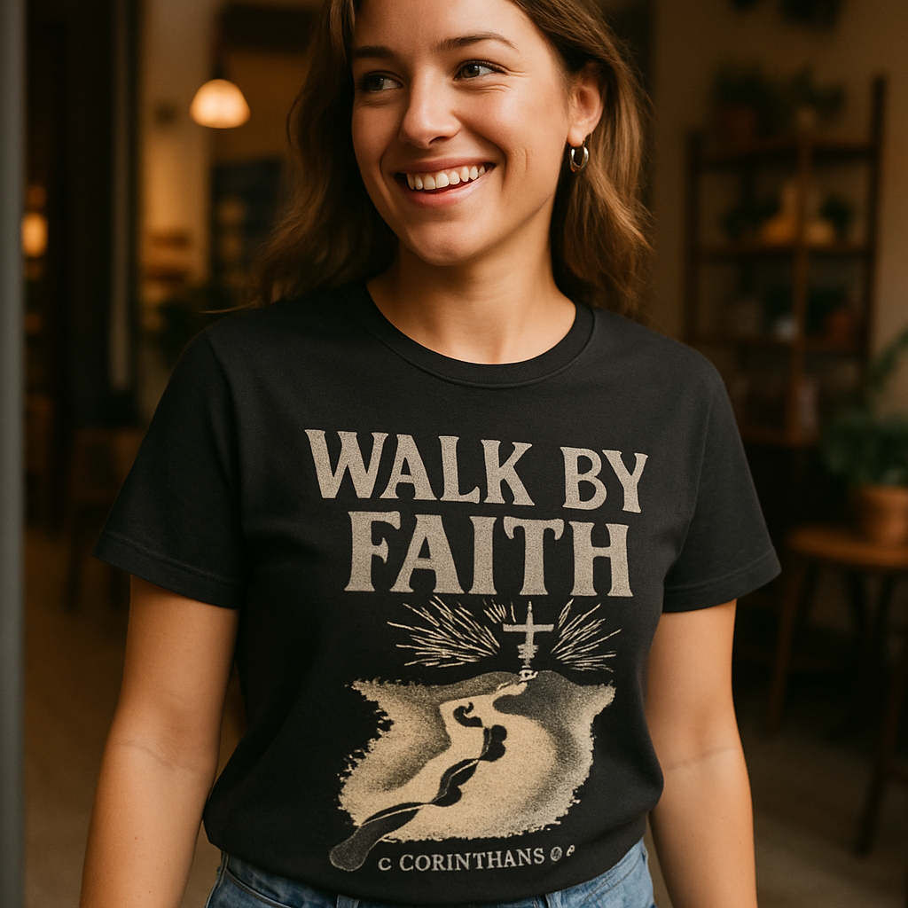Walk by Faith Christian T-Shirt – Inspirational Cross & Footprints, 2 Corinthians 5:7, Faith Over Fear Religious Tee Faith%20Over%20Fear%20prompt%20%239%20lifestyle%20mockup.png