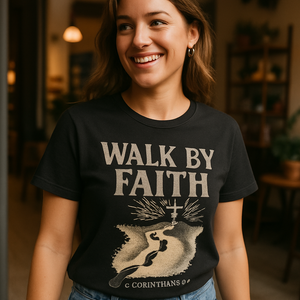 Walk by Faith Christian T-Shirt – Inspirational Cross & Footprints, 2 Corinthians 5:7, Faith Over Fear Religious Tee Faith%20Over%20Fear%20prompt%20%239%20lifestyle%20mockup.png