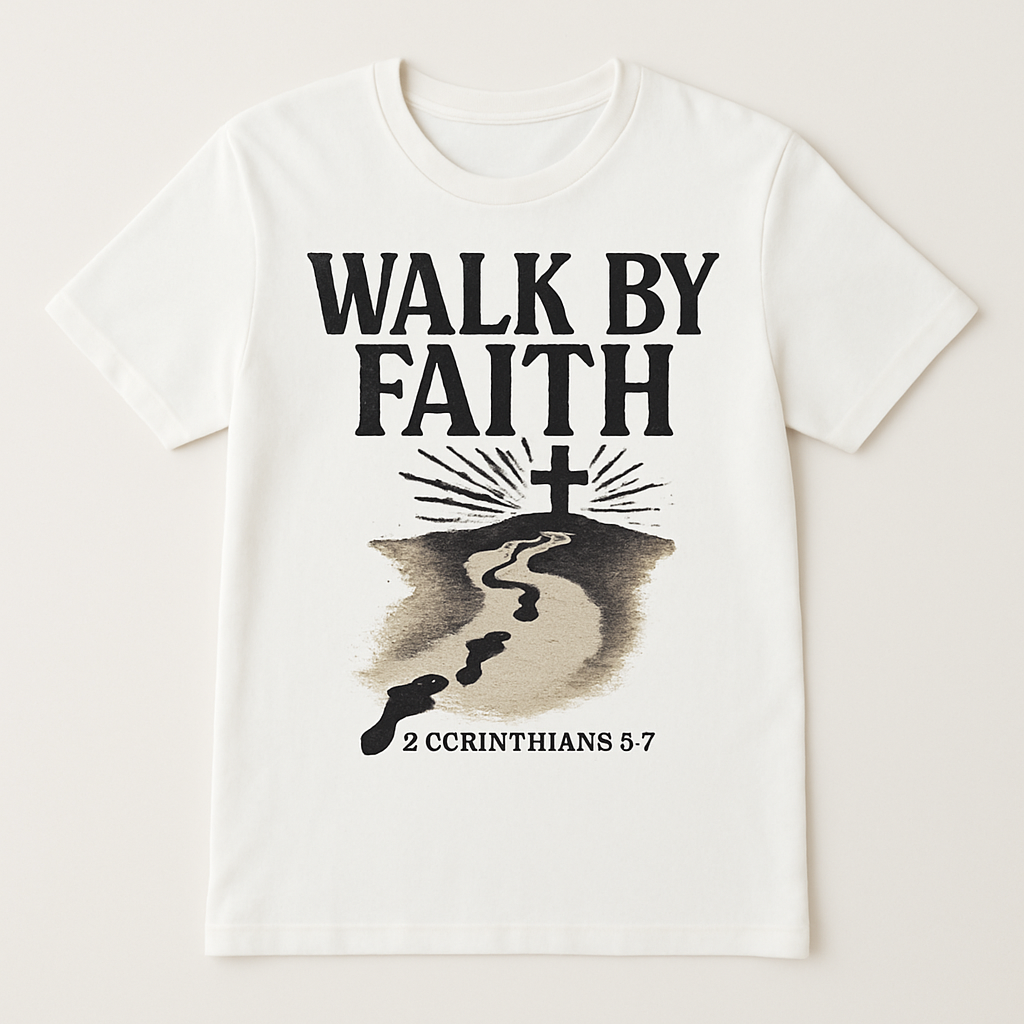 Walk by Faith Christian T-Shirt – Inspirational Cross & Footprints, 2 Corinthians 5:7, Faith Over Fear Religious Tee Faith%20Over%20Fear%20prompt%20%239%20studio%20mockup.png