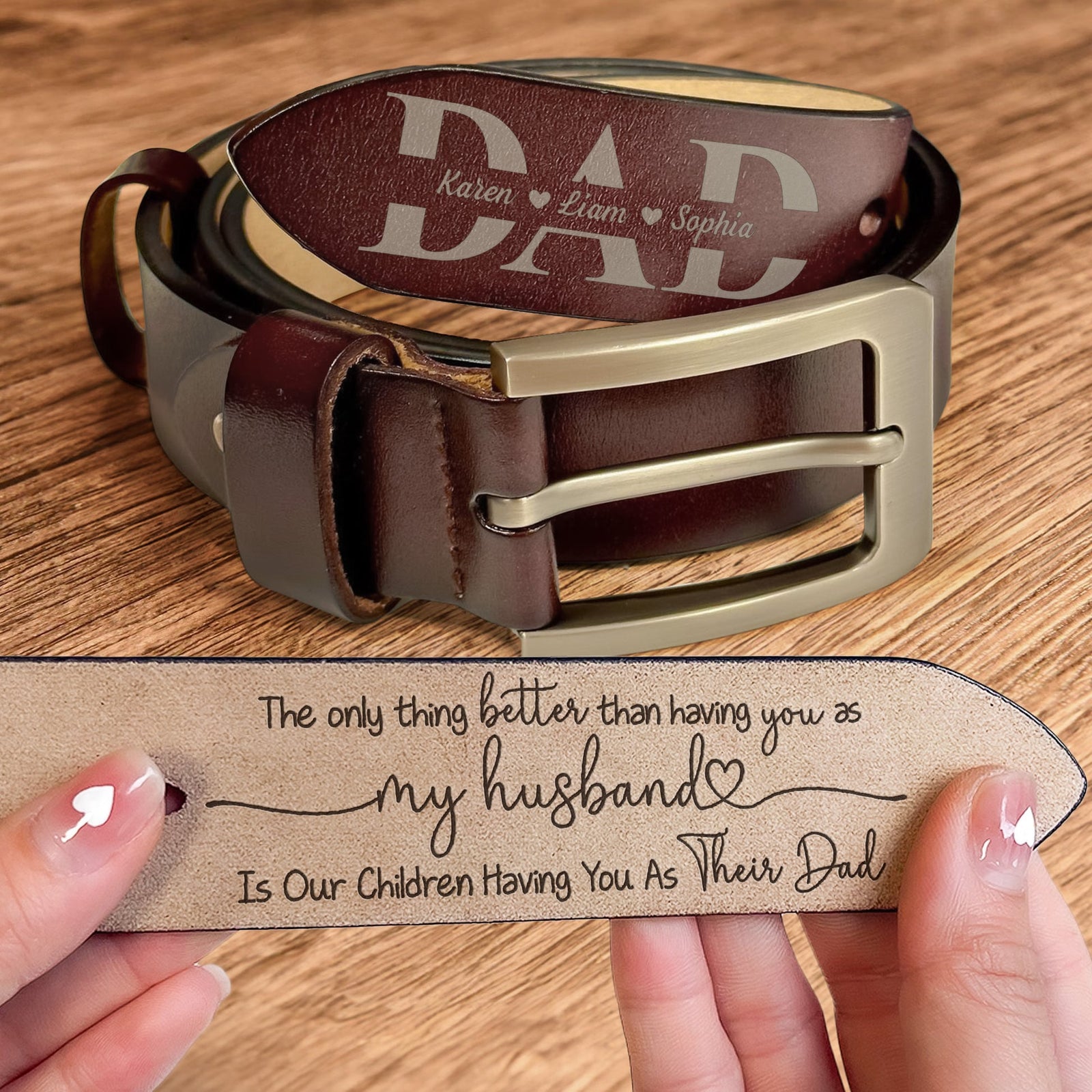 Father's Day Gifts From Wife - Having You As A Dad - Personalized Engraved Leather Belt Father's Day Gift