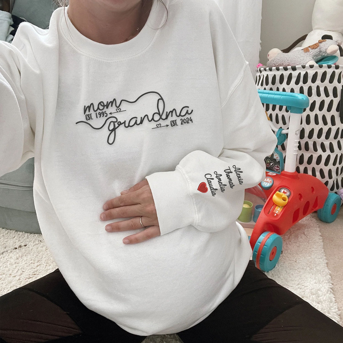 First Mom Then Grandma Sweatshirt or Hoodie with Embroidered Kids Names, Custom Embroidered Mother's Day Gift for Mom