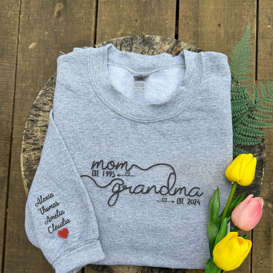 First Mom Then Grandma Sweatshirt or Hoodie with Embroidered Kids Names, Custom Embroidered Mother's Day Gift for Mom