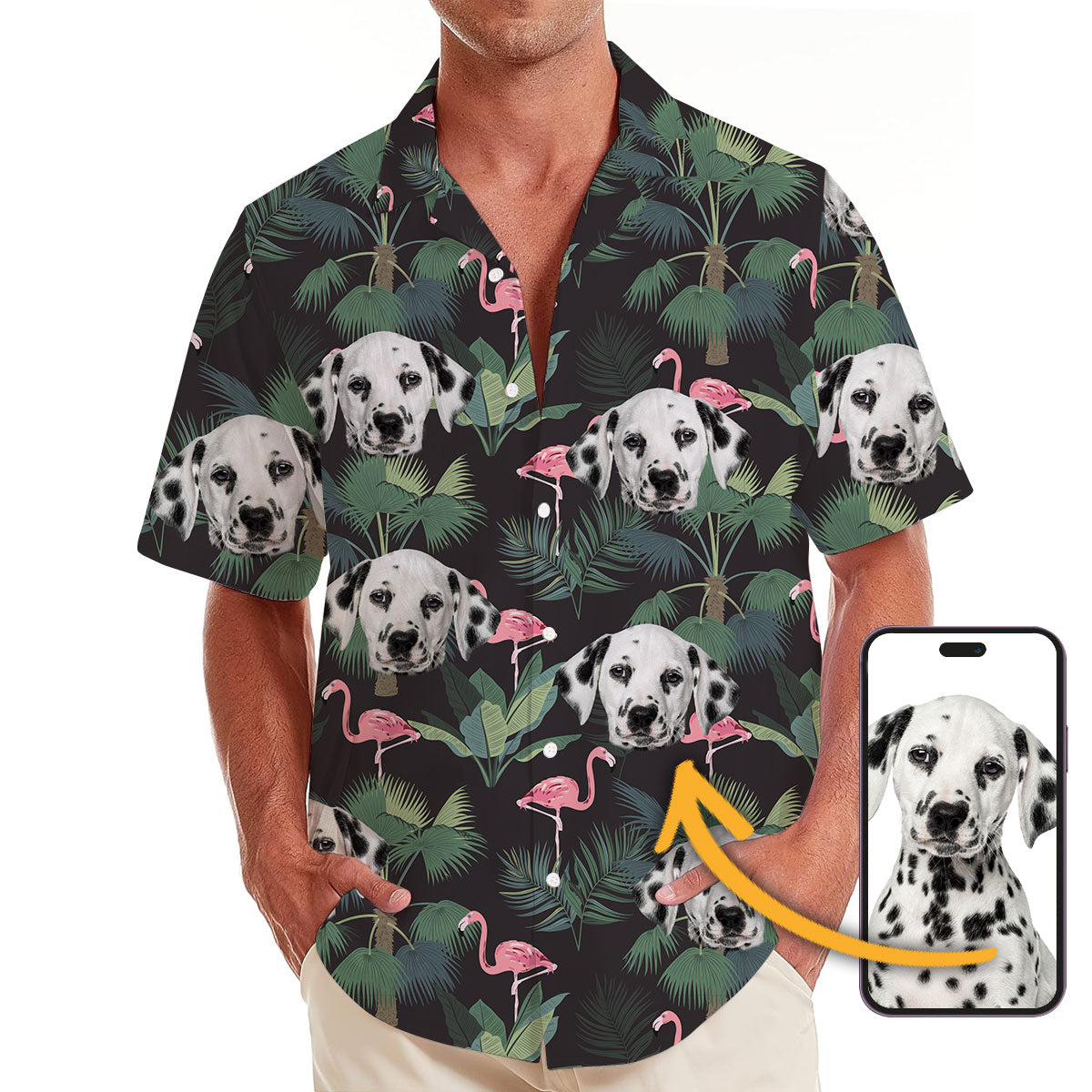 Personalize Pet Hawaiian Shirt Set, Custom Dog Face Pink Flamingos & Palms Hawai