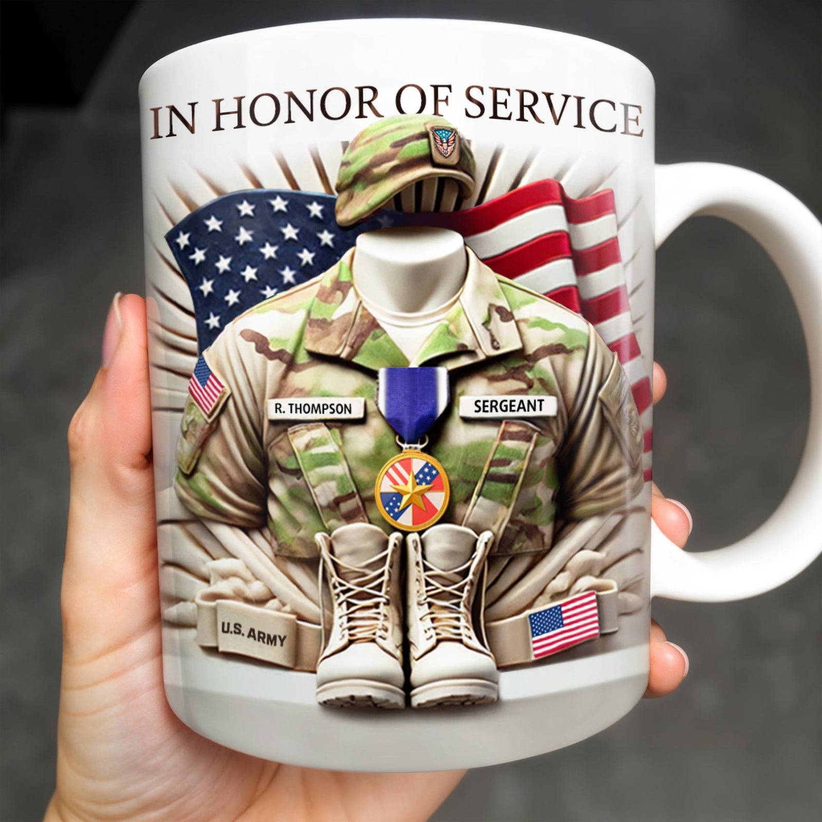 In Honor Of Service, Military Uniform and U.S. Flag, Custom Coffee Mug, Gift For Veterans