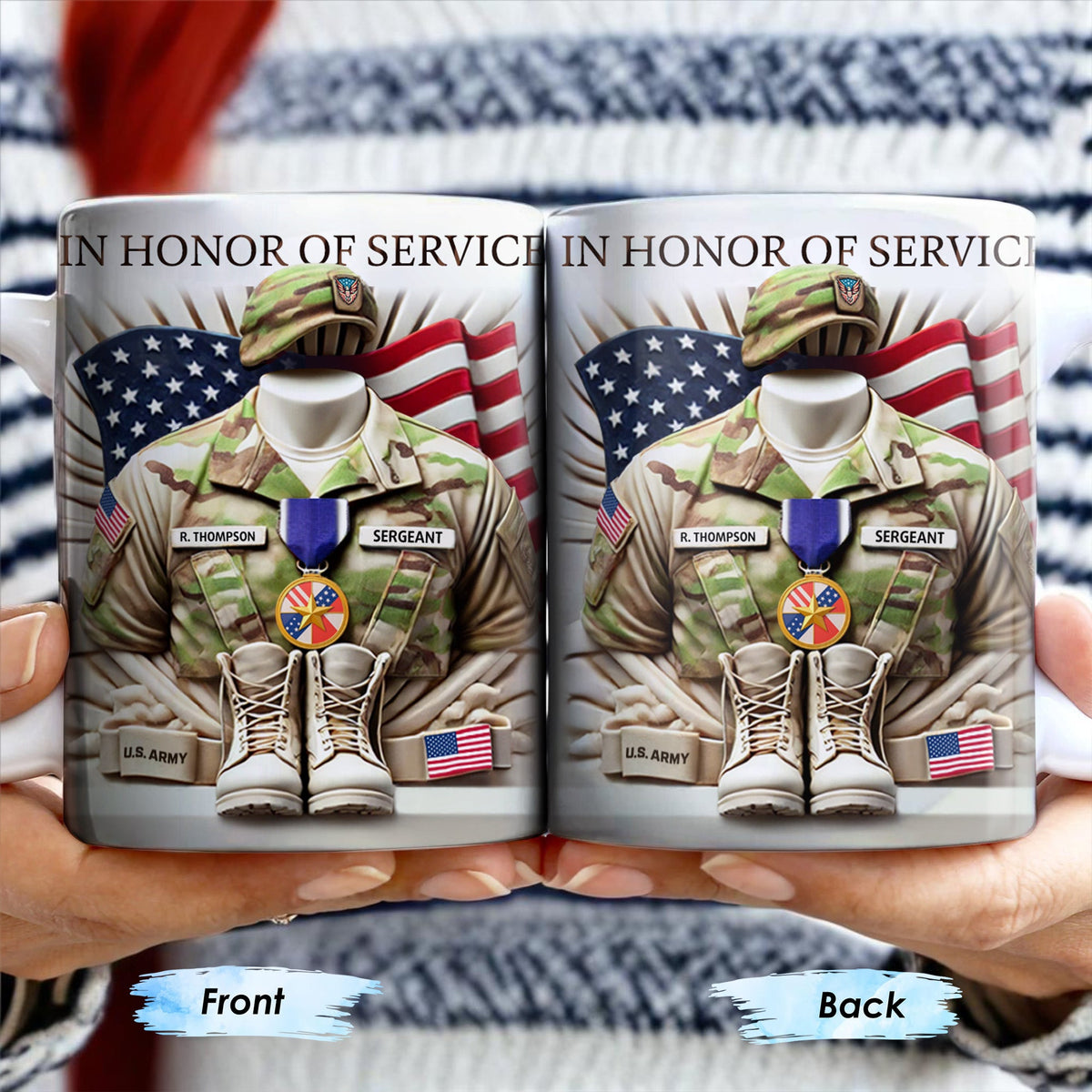 In Honor Of Service, Military Uniform and U.S. Flag, Custom Coffee Mug, Gift For Veterans