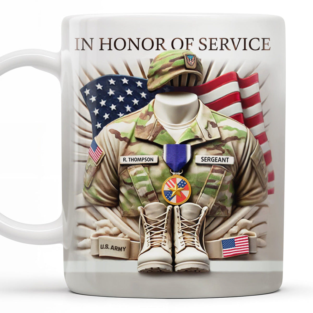 In Honor Of Service, Military Uniform and U.S. Flag, Custom Coffee Mug, Gift For Veterans