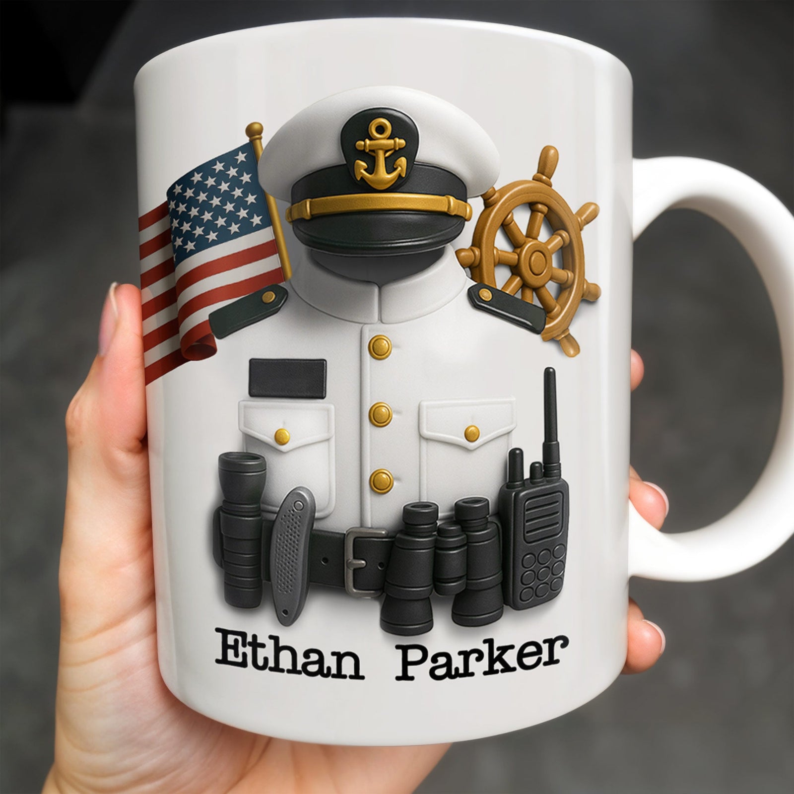 Celebrate Your Favorite Sailor, Navy Uniform and American Flag, Personalized Custom Coffee Mug, Gift For Navy Veterans