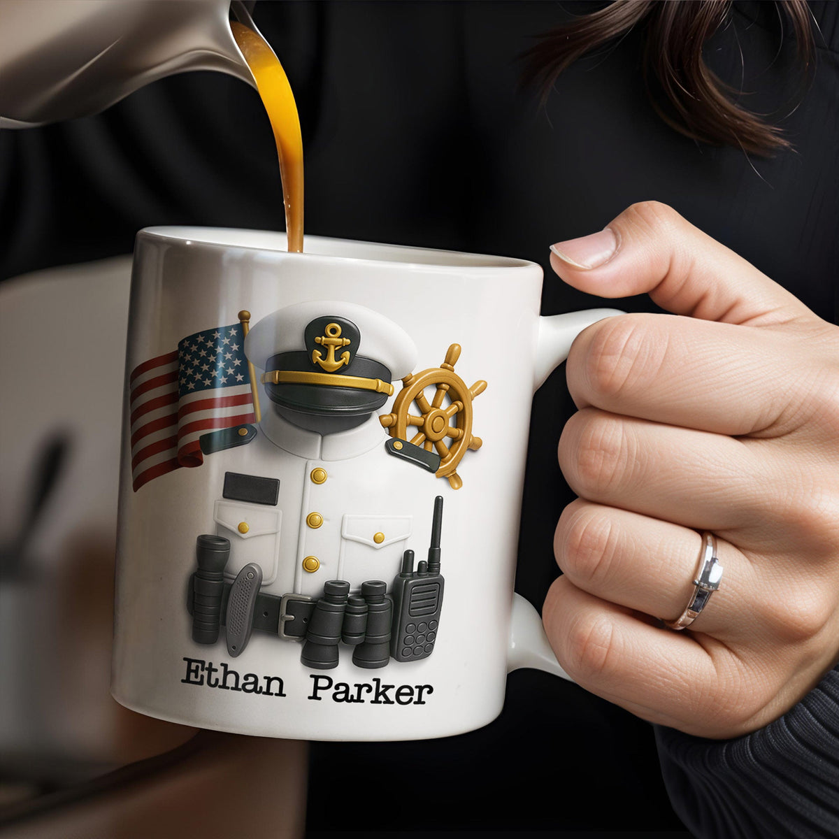 Celebrate Your Favorite Sailor, Navy Uniform and American Flag, Personalized Custom Coffee Mug, Gift For Navy Veterans