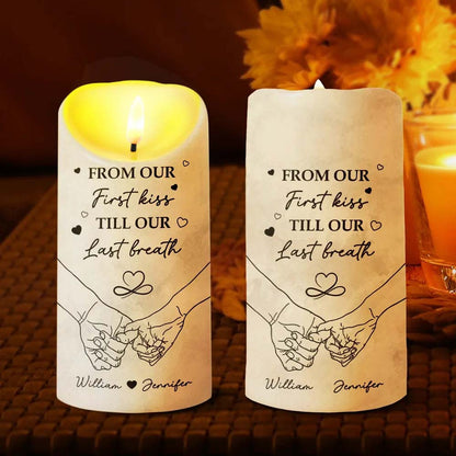 Heartfelt Personalized LED Candle for Couples: 'First Kiss Last Breath'