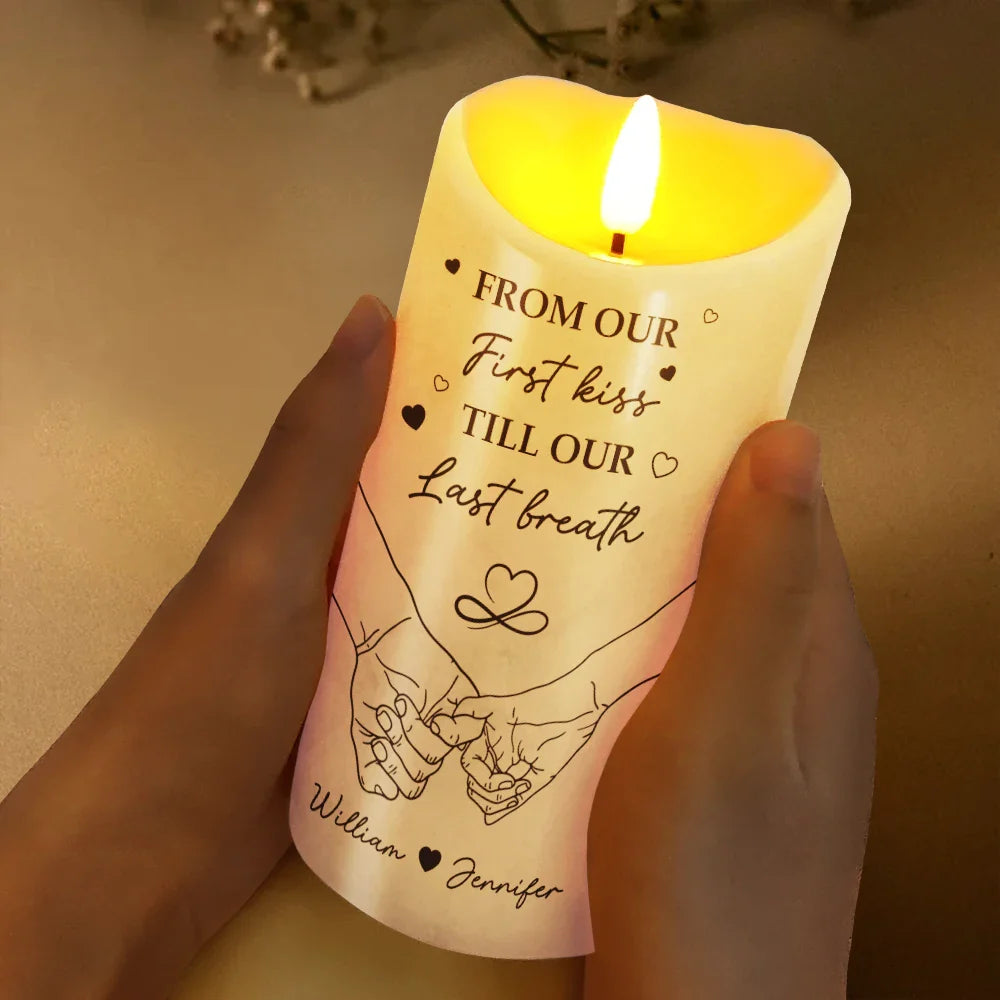 Heartfelt Personalized LED Candle for Couples: 'First Kiss Last Breath'