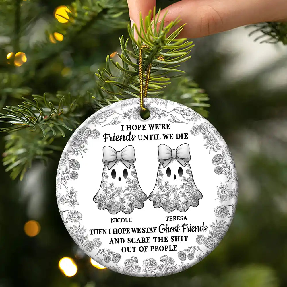 Cute Ghost Bestie Friends Until We Die Toile De Jouy Pattern - Personalized Circle Ceramic Ornament