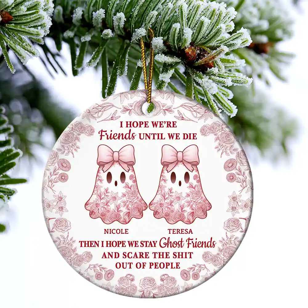Cute Ghost Bestie Friends Until We Die Toile De Jouy Pattern - Personalized Circle Ceramic Ornament