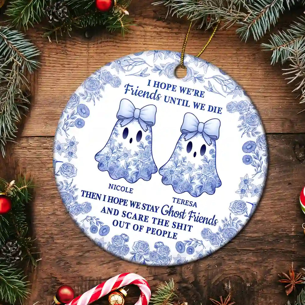 Cute Ghost Bestie Friends Until We Die Toile De Jouy Pattern - Personalized Circle Ceramic Ornament