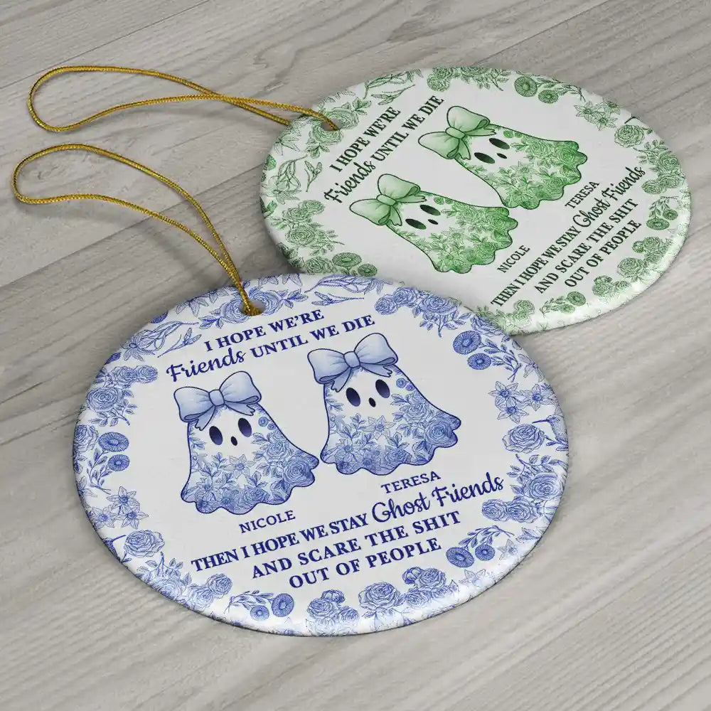 Cute Ghost Bestie Friends Until We Die Toile De Jouy Pattern - Personalized Circle Ceramic Ornament