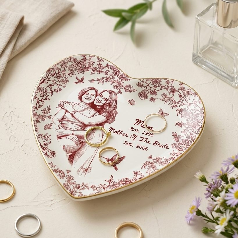 Custom Mother of the Bride Jewelry Tray, Custom Photo Toile de Jouy Ring Dish, Ceramic Tray, Gift for Mom, Mother's day gift