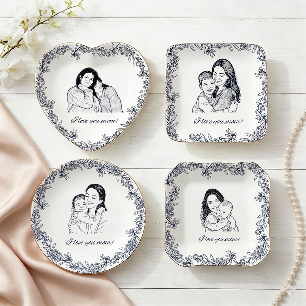 Personalized Ceramic Mom Photo Jewelry Dish, Family Photo Ring Dish, Personalized Portrait Trinket Tray, Gifts for Mom, Nanny, Family Gift Mother's Day Gift