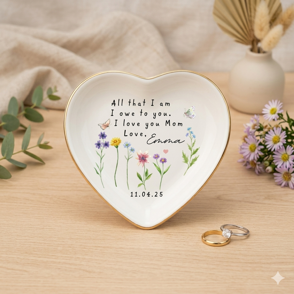 Custom Floral Mom Trinket Dish, Flower Ring Dish, I Love You Mom Keepsake, Mother's Day Gift, Mother Birthday Gift