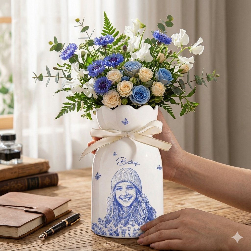 Custom Photo Pencil Sketch Art Loving Couple Family Pet - Personalized Ceramic Flower Vase
