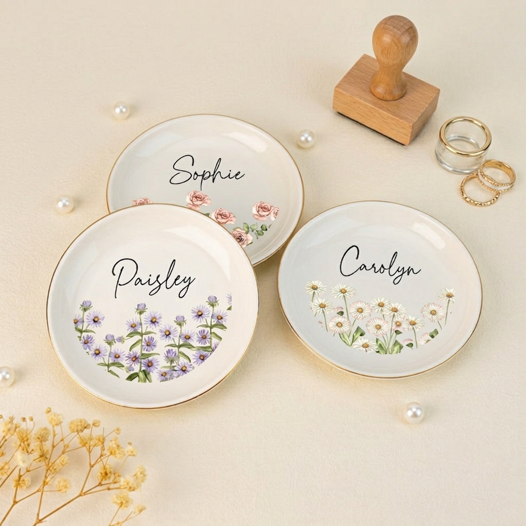 Personalized Birth Flower Jewelry Dish,Custom Floral Ring Dish With Name,Mother's Day Gift,Brithday Gift For Nanny,Wedding Bridesmaid Gifts