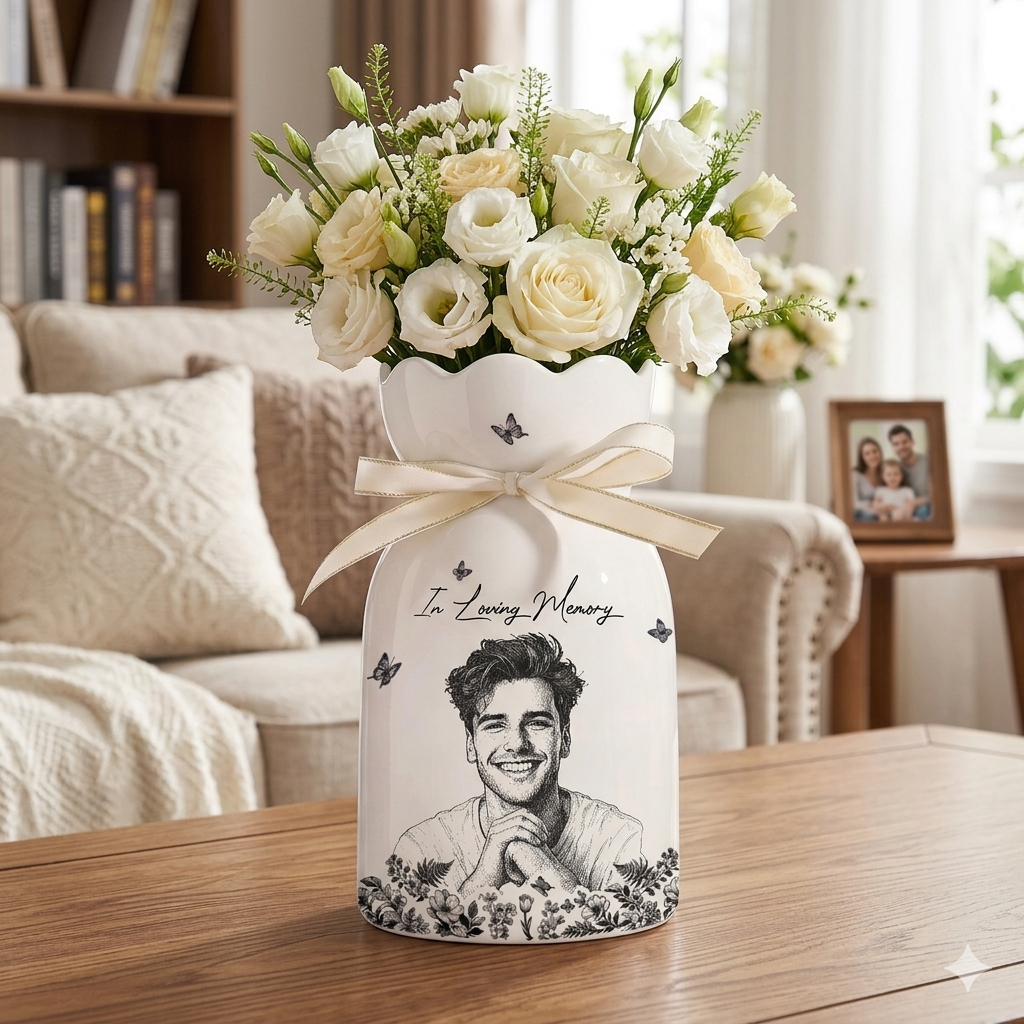 Custom Photo Pencil Sketch Art Loving Couple Family Pet - Personalized Ceramic Flower Vase