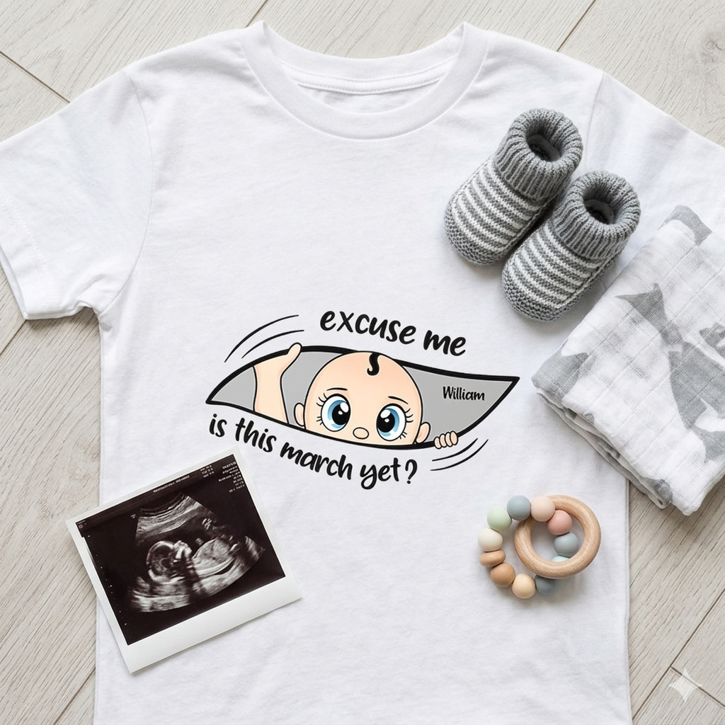 Excuse Me Is It Time Yet Pregnancy Announcement Expecting Mom Maternity - Personalized T Shirt Gemini_Generated_Image_81d74g81d74g81d7.png