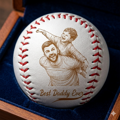 Custom Photo Pencil Drawing Engraved Best Dad Grandpa Ever - Personalized Baseball, Softball