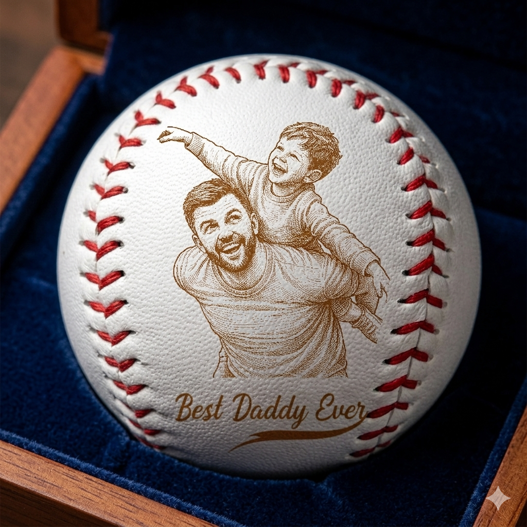 Custom Photo Pencil Drawing Engraved Best Dad Grandpa Ever - Personalized Baseball, Softball