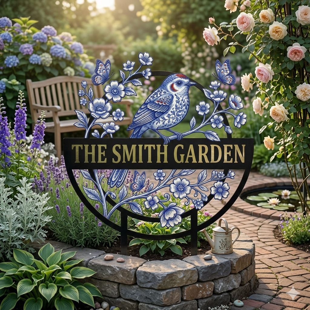 Personalized Blue White Bird Garden Sign, Custom Family Name Metal Stake, Garden Gift for Mom