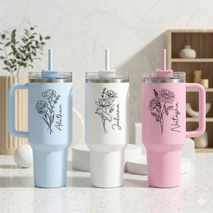 Custom Tumbler with Birthflower, Engraved Tumblers with Name, Personalized Tumbler With Straw, Insulated Travel Mug, Birthday Gifts for Mom