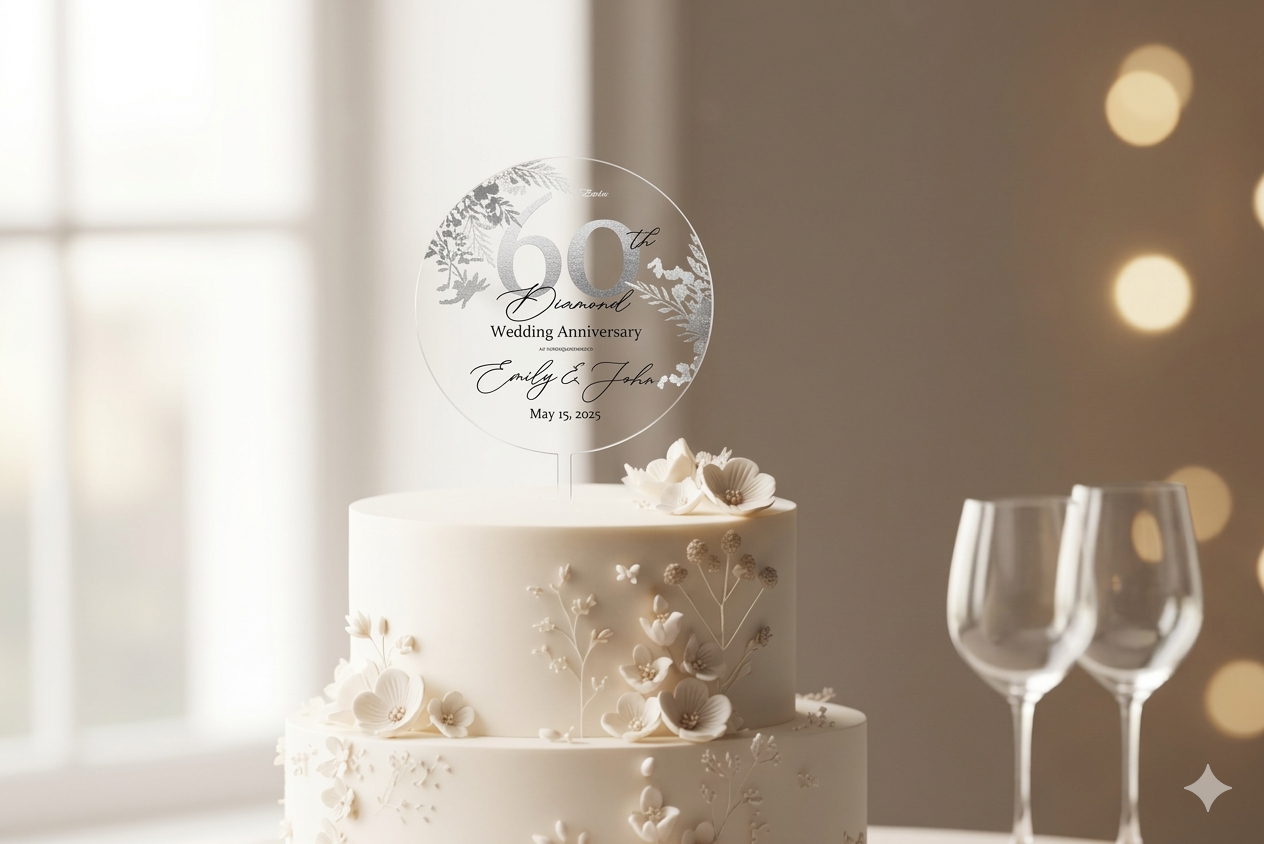 Diamond Anniversary Cake Topper 60th Anniversary Cake Topper Round Personalized Custom Anniversary Cake Topper 60th Anniversary Gift