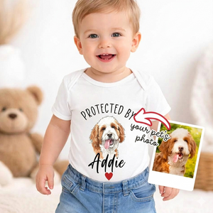 Protected By Pets Custom Dog Photo Baby Bodysuit , Personalized Kids Tee, Youth Gift With Pet's Names Custom Cat and Dog Sibling