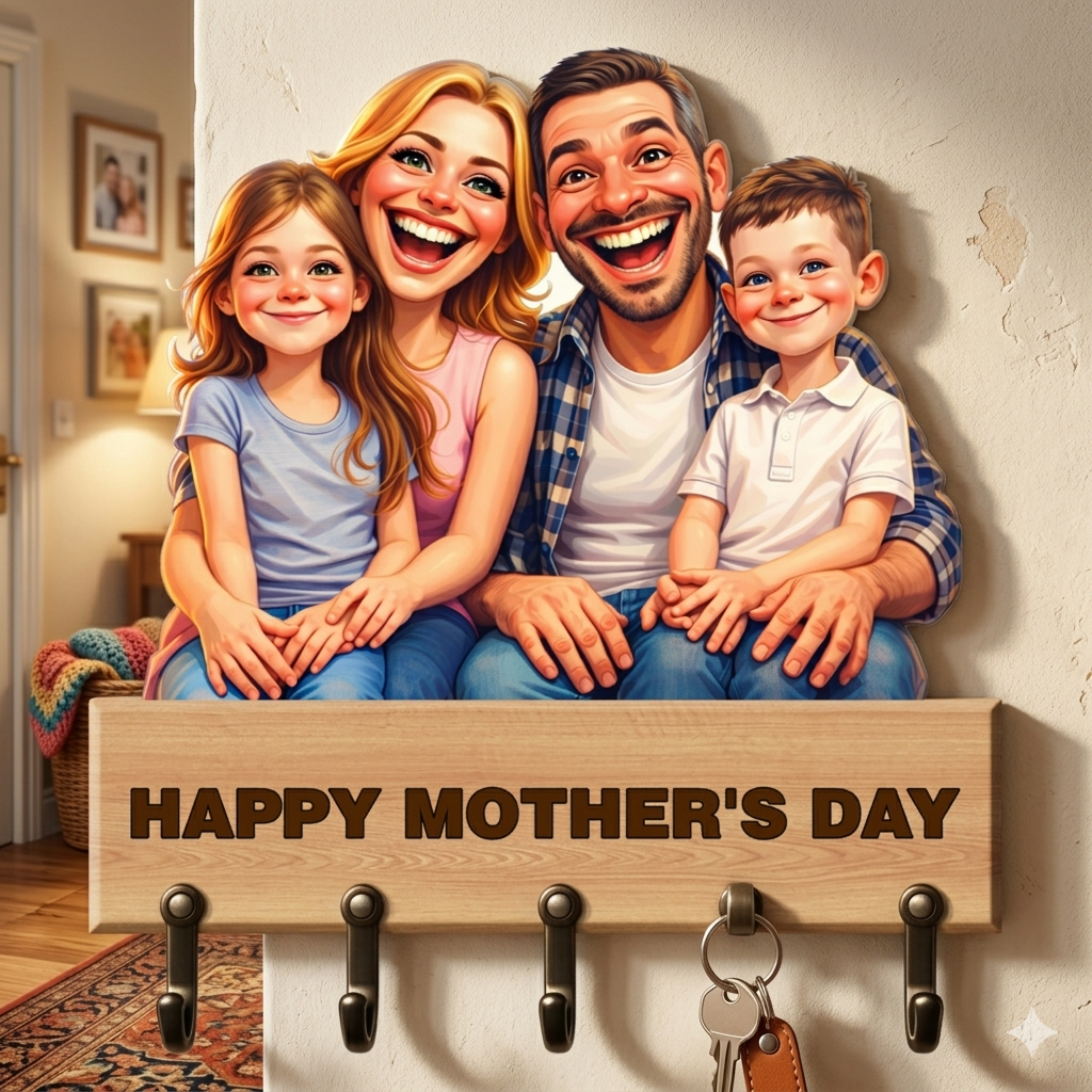 Custom Photo Caricature - Personalized Wooden Key Hanger