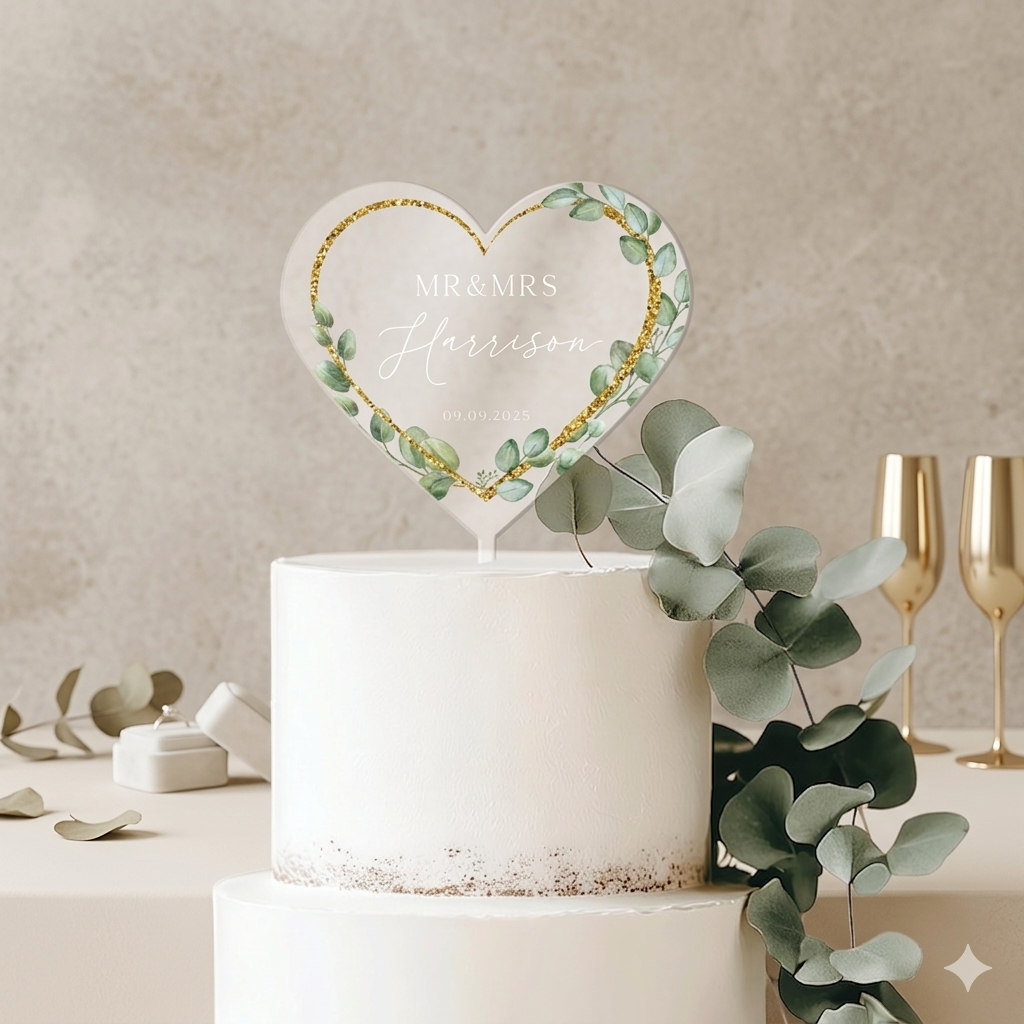 Floral Wreath Wedding Cake Topper, Acrylic Cake Topper for Wedding, Gold Acrylic Cake Topper, Eucalyptus Custom Wedding Cake Topper