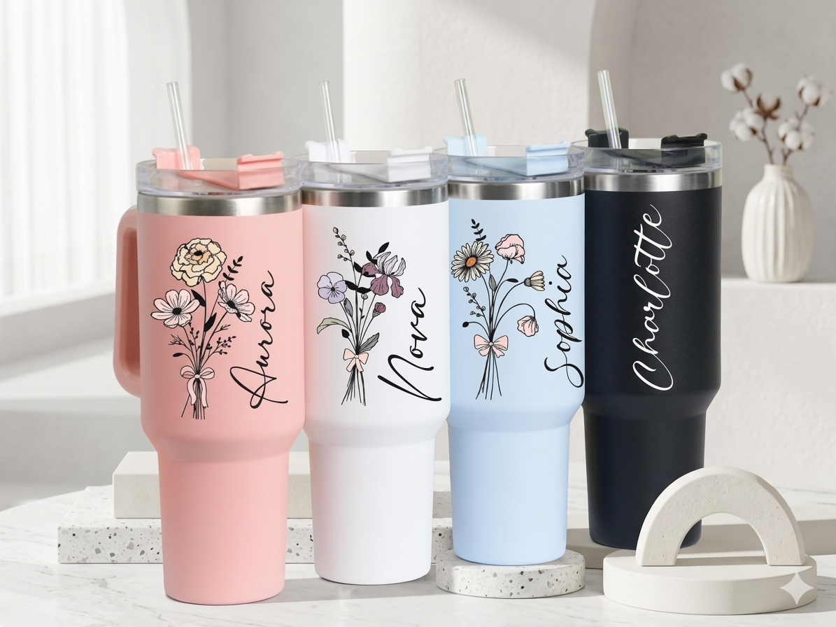 Personalized Birth Flower Tumbler: Stainless Steel with Straw