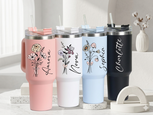 Personalized Birth Flower Tumbler: Stainless Steel with Straw