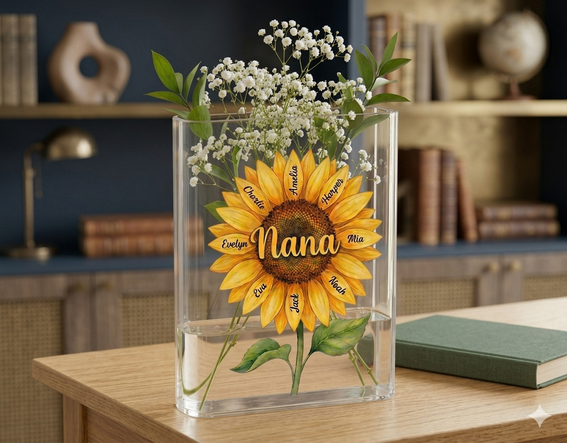 Personalized Nana Sunflower Book Vase, Present For Mom, Custom Grandkids Names Flower Vase, Grandma Mother s Day Gift, Family Keepsake Decor