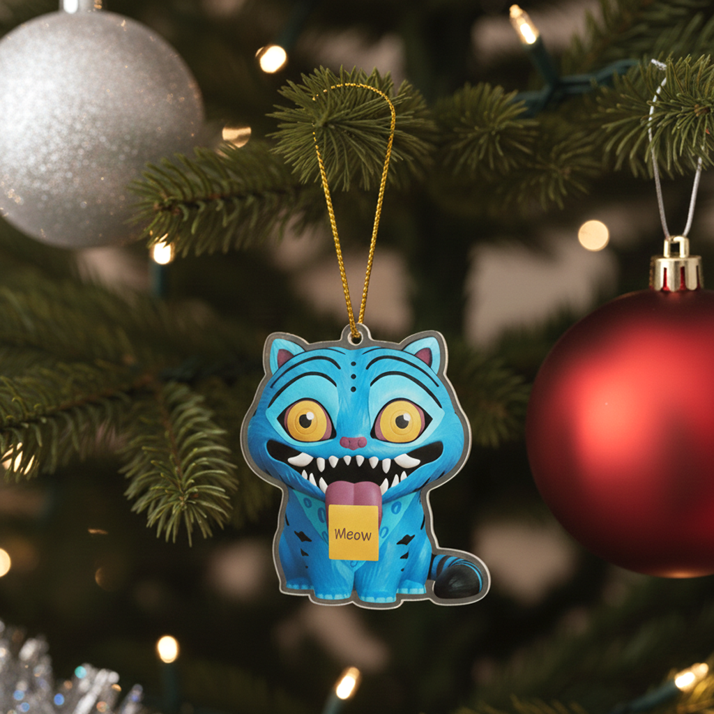 Demon Hunters Style Blue Cat Ornament, Spooky Cute Acrylic Christmas Decor, Movie Fan Gift, Unique Monster Cat Holiday Decoration