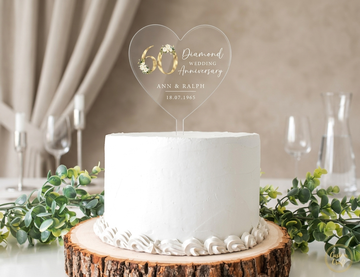 Diamond Wedding Personalised Heart Shaped Cake Topper | Diamond Wedding Cake Topper | Diamond Wedding Anniversary|Diamond Wedding Decoration