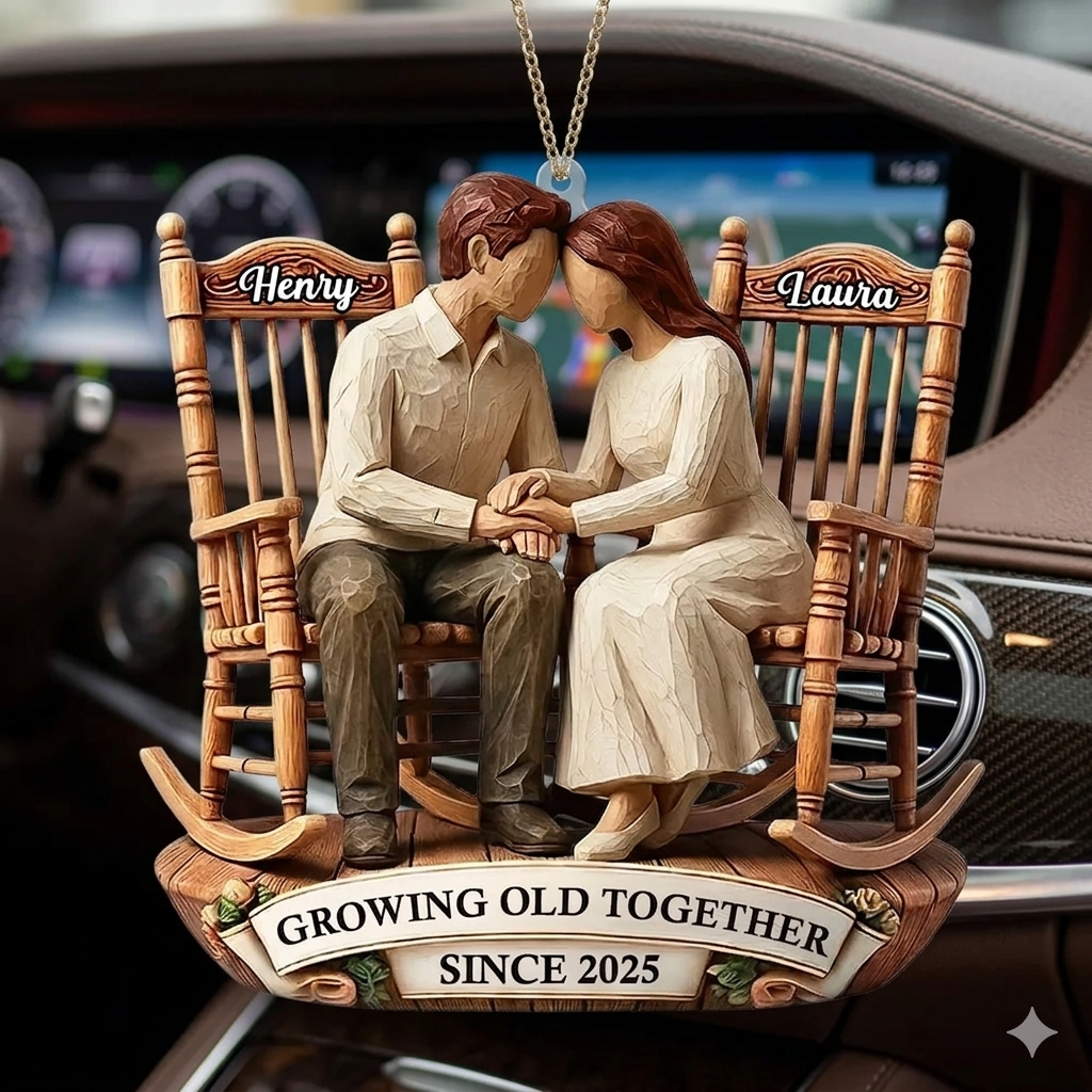 Couple Sitting On Rocking Chairs Faux Wood - Personalized Acrylic Ornament